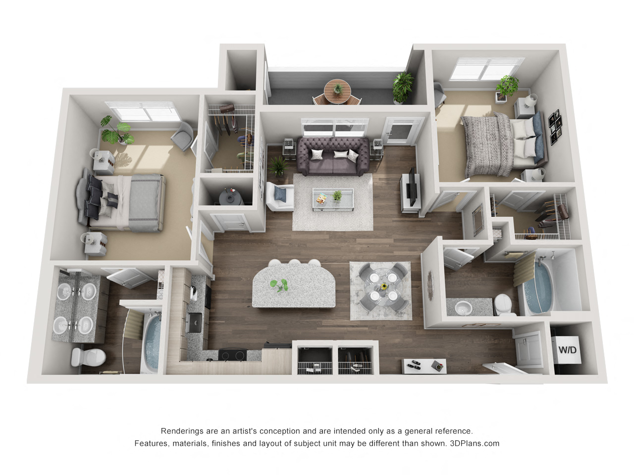 Floor plan for 2 beds, 2 baths, 1039 sqft